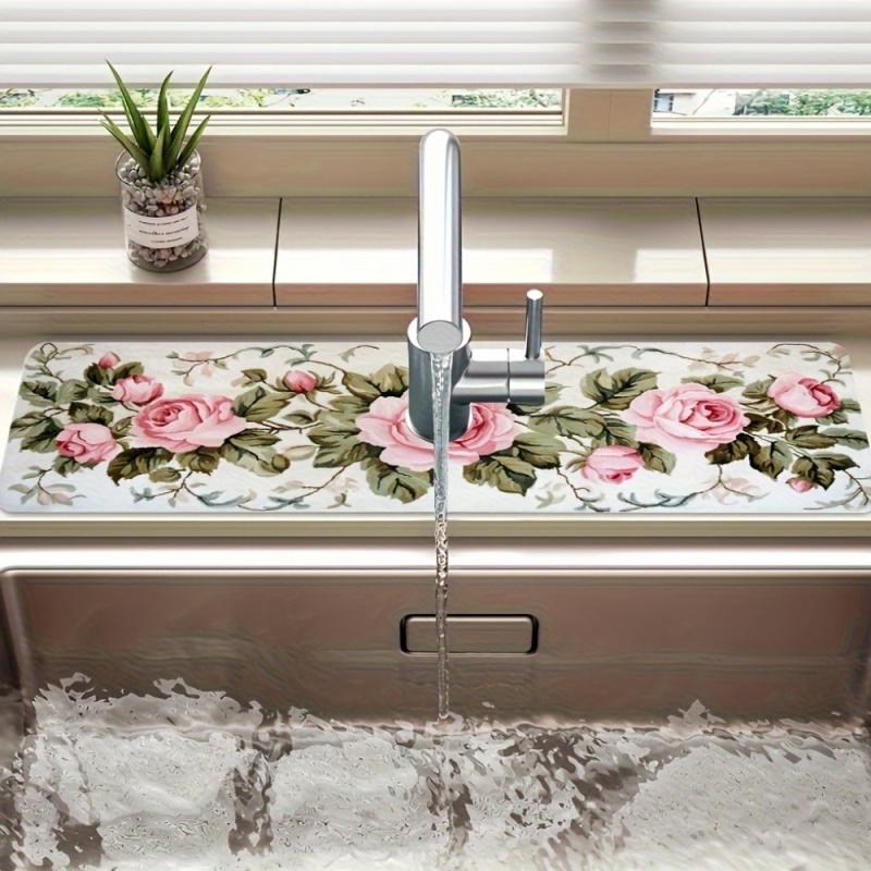 VIKAMA Vintage Pink Rose Sink Mat, Kitchen Faucet Drain Mat, French Countryside Style Countertop Drainage Pad