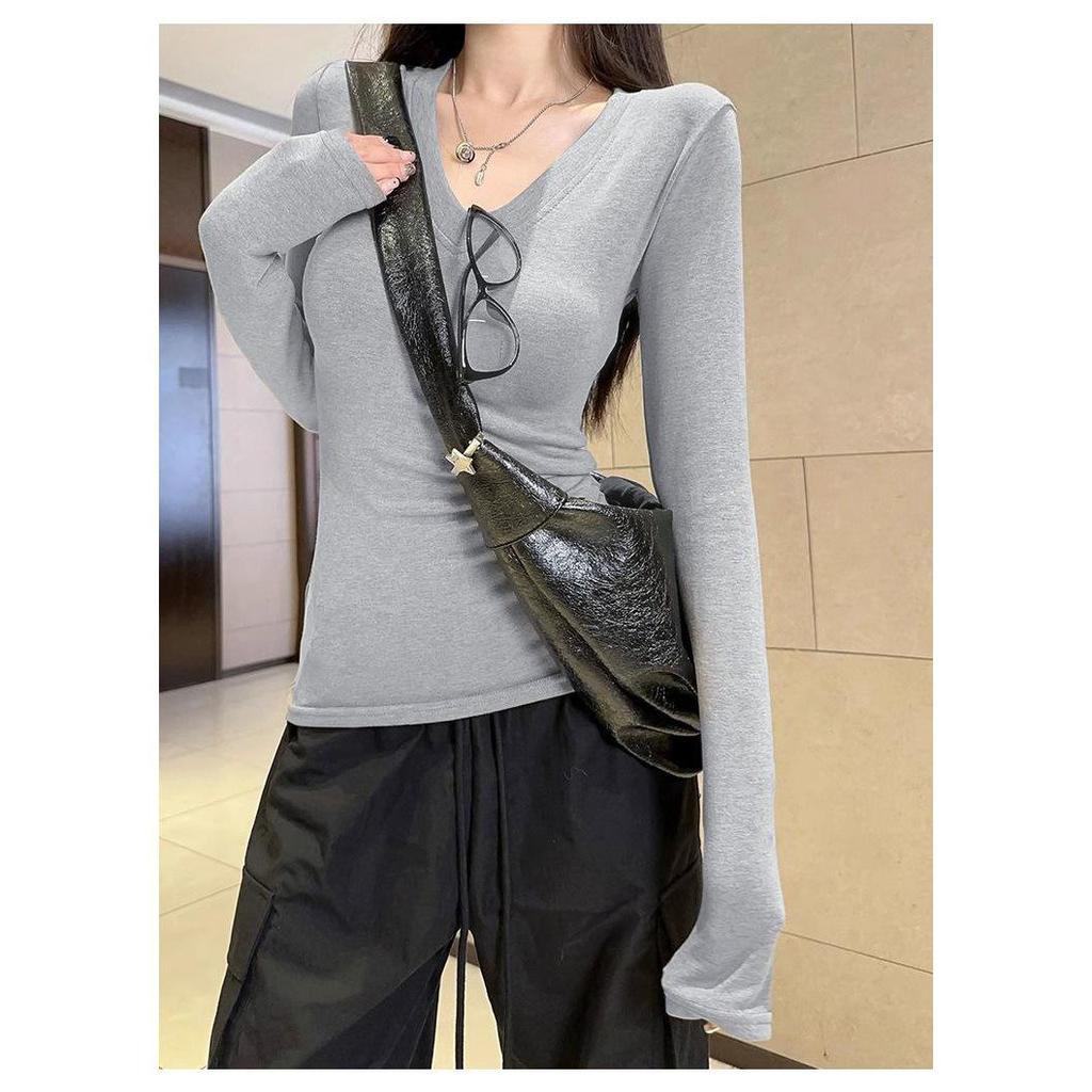 Женский французский высококлассный топ с V-образным вырезом, приталенный, с длинным рукавом, базовый слой для осени