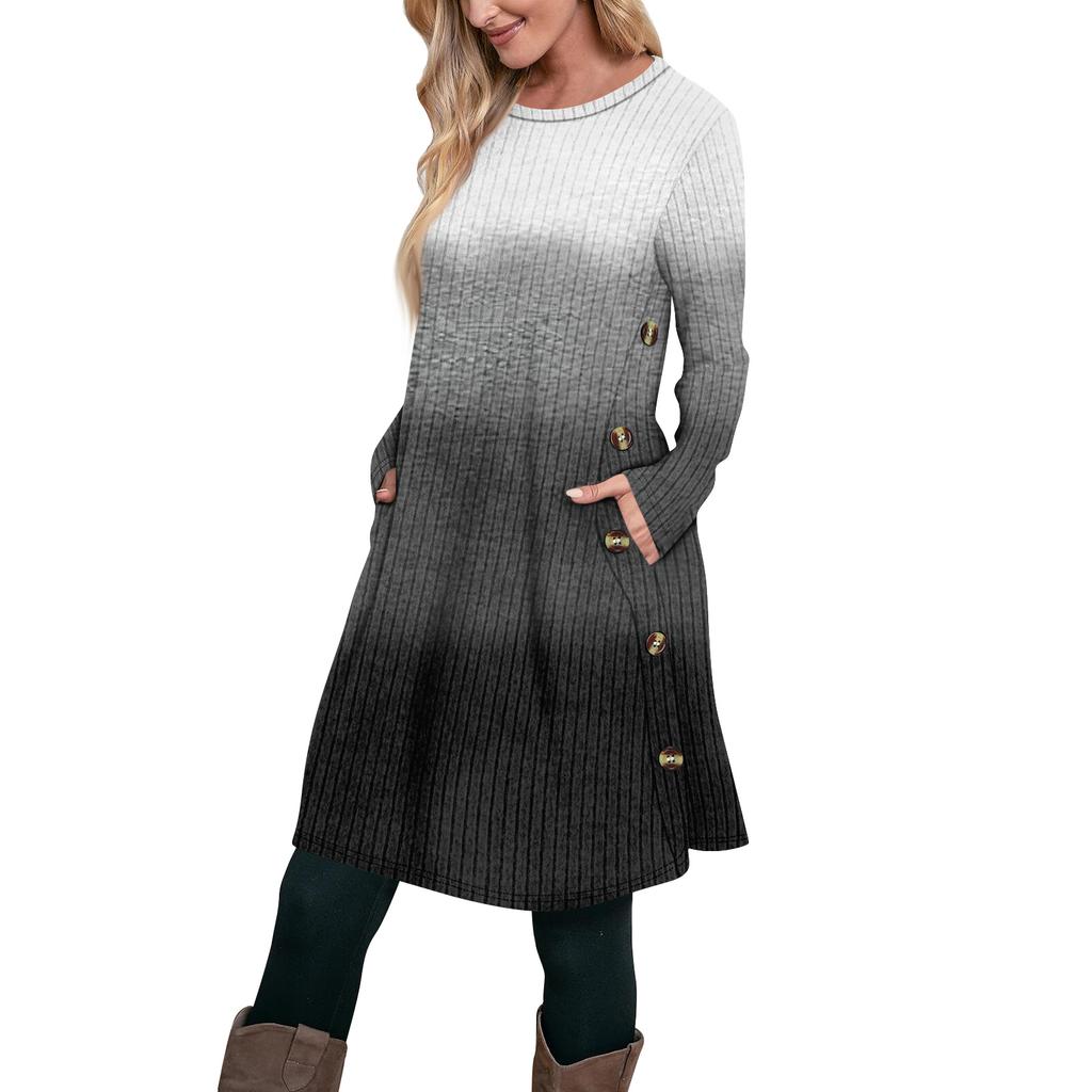 Женское модное повседневное платье-туника с длинным рукавом и карманами, платье с боковыми пуговицами