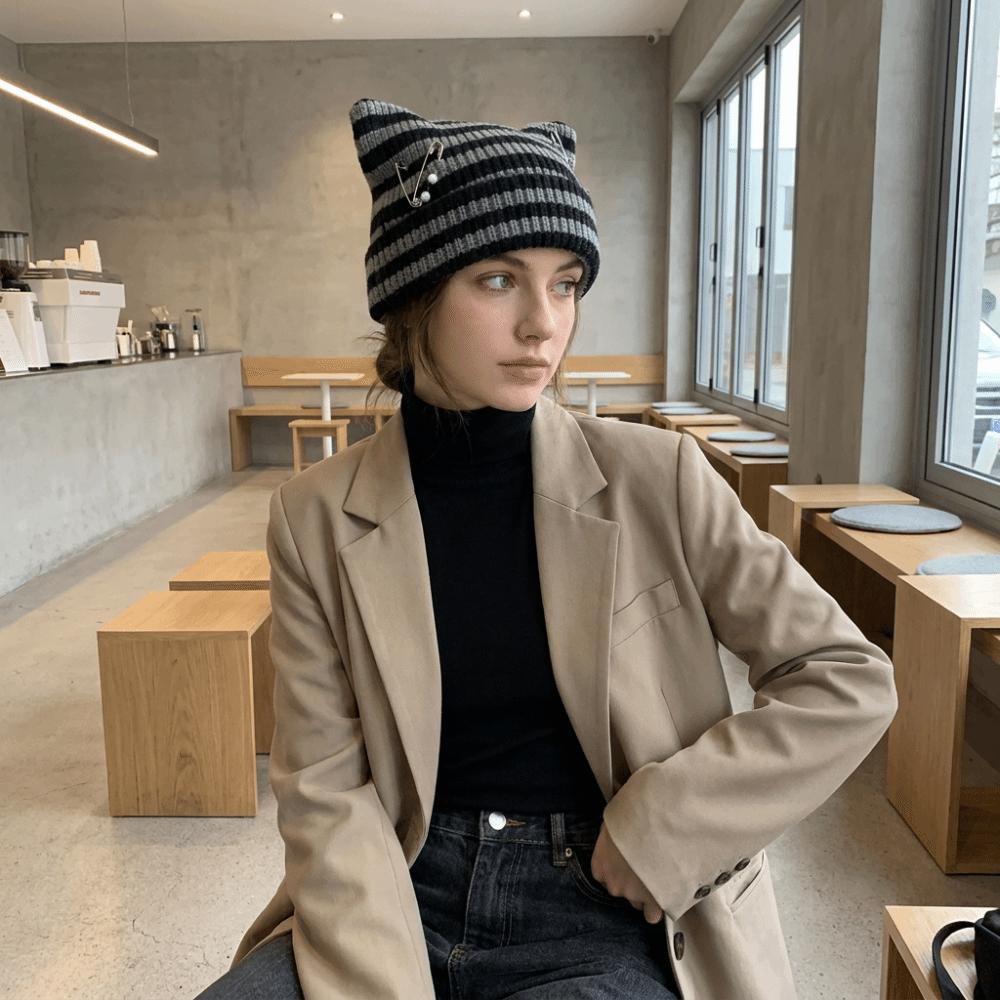 Thickened Cat Ear Beanie Polyester Warm Hat Y2K Gothic Knitted Striped Hat Winter