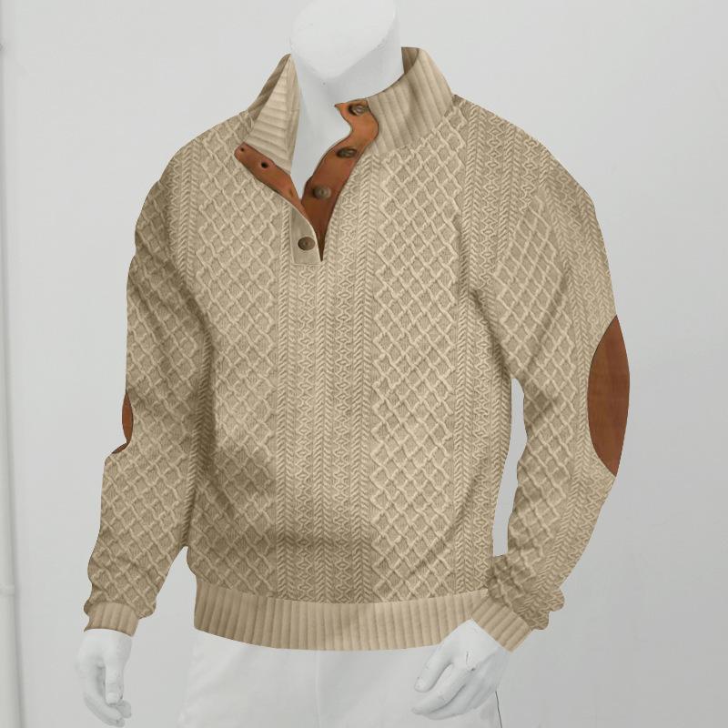 Men's Autumn/Winter Jacquard Knit Pullover Sweatshirt with Standing Collar and Leather Elbow Patches