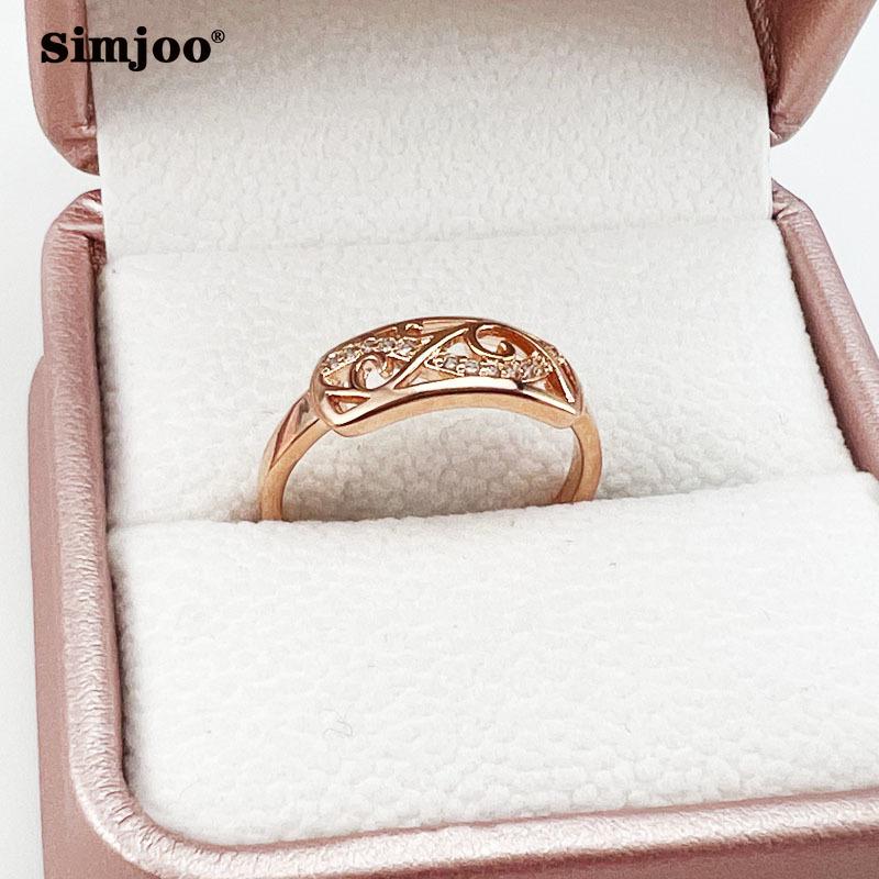SIMJOO Цирконовое кольцо Женское прямоугольное полое кольцо с резным цветком