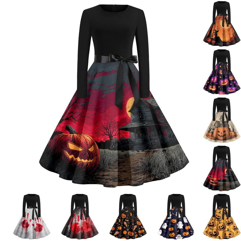 Women's Casual Fashion Round Neck Halloween Printed Vintage Dress