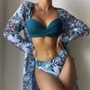 Women Floral Print Bikinis Set Sexy Three Piece Beach Cover Up Push Up Summer Long Sleeve Twist Swimwear Bathing Suit