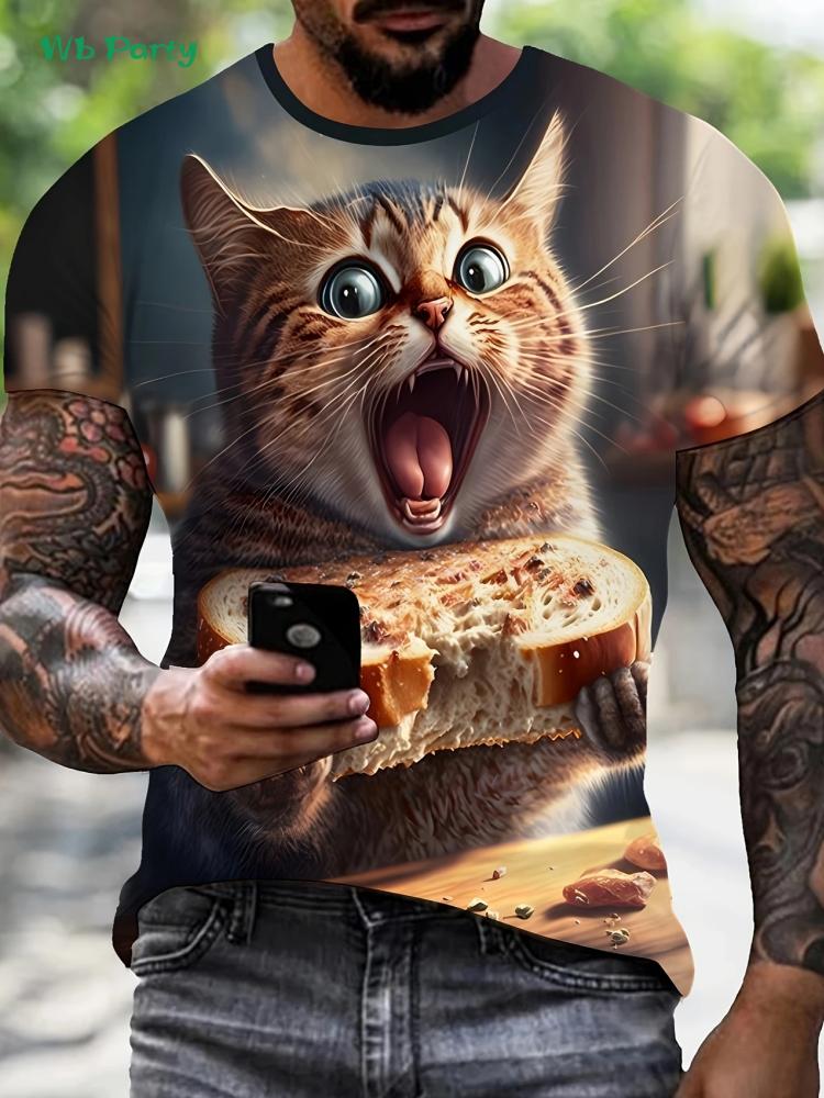 Новая футболка с 3D-принтом кота, летняя, для улицы, мужская, с коротким рукавом, модная, с круглым вырезом, мужские топы, повседневная, оверсайз, мужская одежда