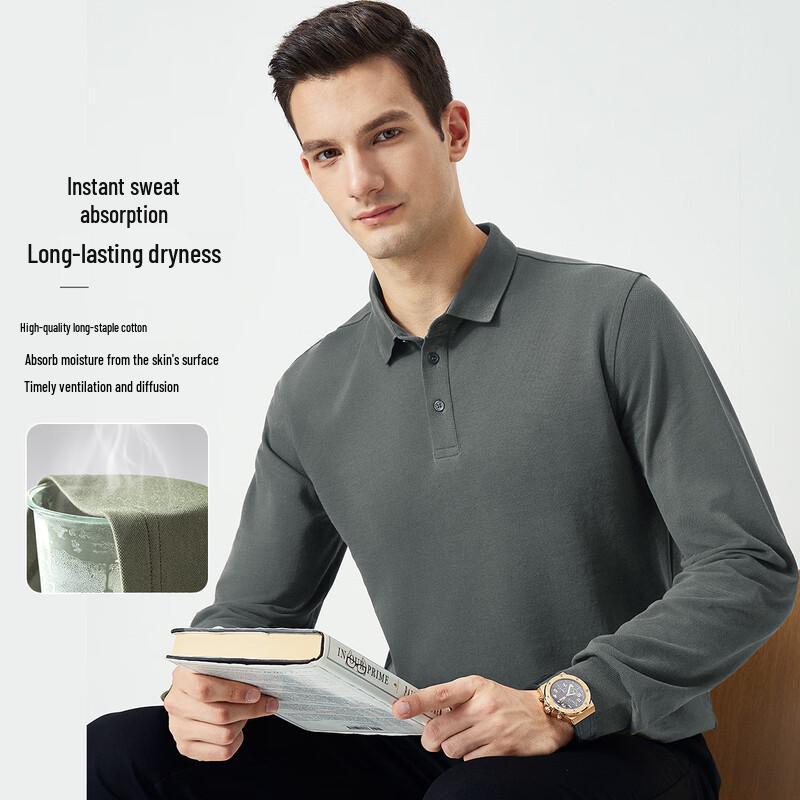 Shanshan Men's 100% Cotton Business Casual Long Sleeve Polo Shirt