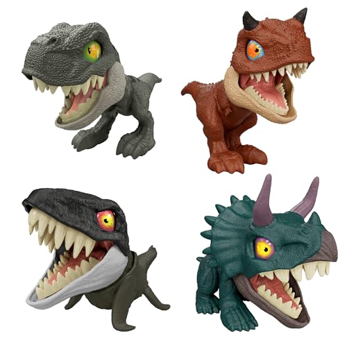 Mattel Мир Юрского периода Коллекция Жевательных Динозавров, Подвижный Ассортимент, Фигурки для Детей, 4 Мини-Фигурки, Набор в Коробке, Полный Набор, Для Детей от 4 лет, Многоцелевой,