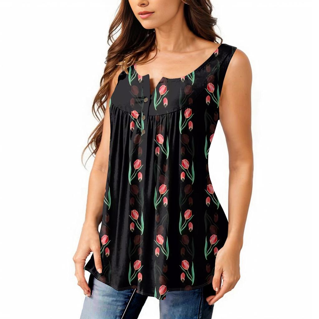 Женская мода плиссированная безрукавка повседневная футболка жилет топ на пуговицах