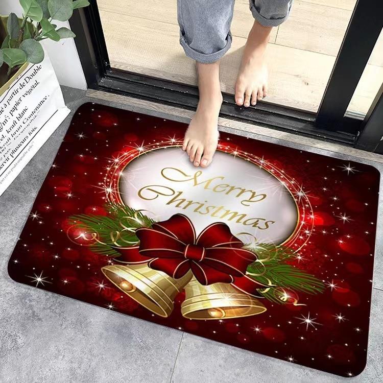 Christmas Themed Door Mat With Festive Patterns Bells Reindeer Sleigh NonSlip Durable Entrance Rug Indoor Outdoor Home Decor