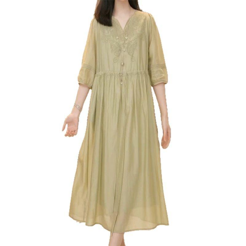 2025 летняя свободная и тонкая длинная юбка со шнуровкой на талии, высококачественное платье из ткани Tencel с вышивкой и V-образным вырезом для женщин