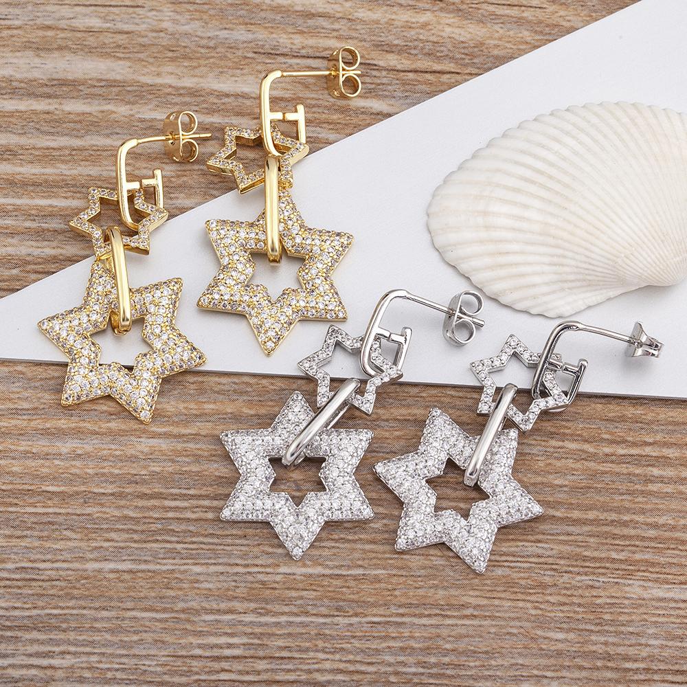 Nidin Classic 2 Colors Copper Zircon Lucky Star Shiny Rhinestone Drop Earrings Women Retro Fine jewelry Trend Party Accessories