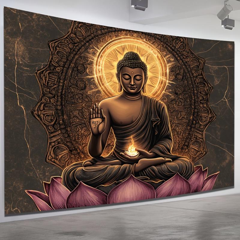 VIKAMA Lotus Buddha Golden Aura Tapestry Will Bring A Peaceful Sacred Atmosphere To Your Living Room Bedroom Or Meditation Space