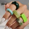 Casual Daily Jewelry 5 Pcs Resin Rings for Women, Wide Thick Stackable Summer Vacation Accessories Chunky Rings, Square Dome Statement Knuckle