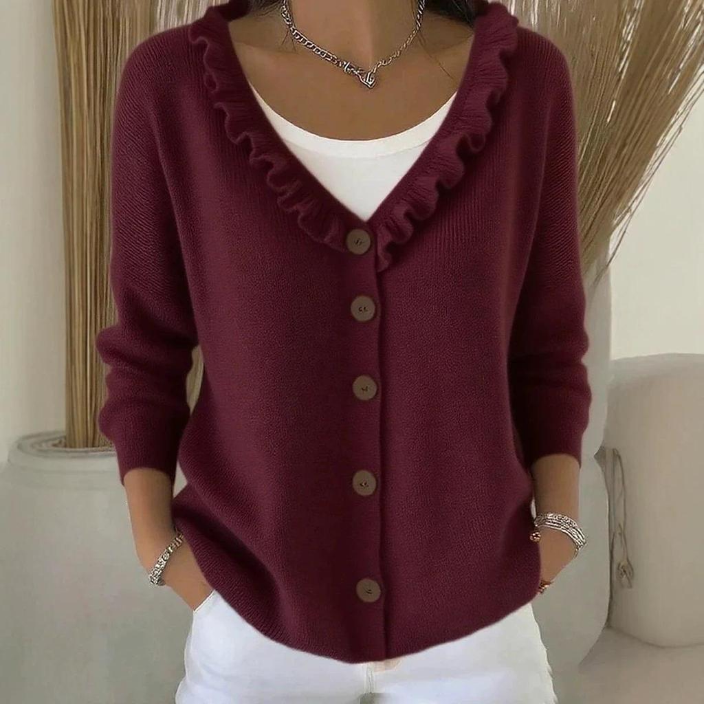 European V-Neck Ruffle Trim Knit Cardigan - Solid Color Casual Autumn/Winter Sweater for Women