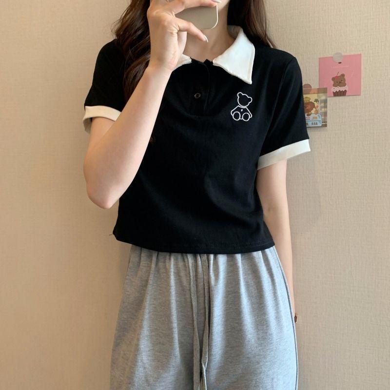 Женская летняя футболка с короткими рукавами и вырезом поло, тонкий короткий топ, тонкая внутренняя футболка ранней весны