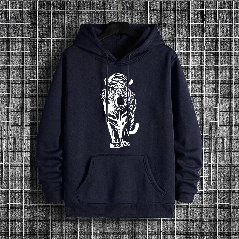 2025 New Fashion Hip Hop Hooded Sweatshirt Male Trendy Casual Autumn Winter Hoody Tiger Print Urban Street Style Hoodies for Men