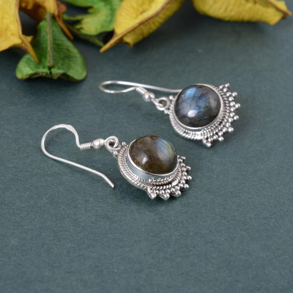Круглая серьга с кабошоном из натурального лабрадорита-серебро 925 пробы ручной работы висячая серебряная серьга для женщин