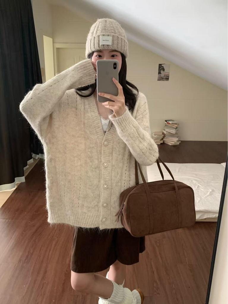 Женский корейский кардиган крупной вязки с V-образным вырезом - Свитер-пальто в повседневном стиле для осени и зимы