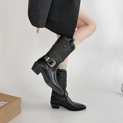 Модные универсальные плетеные ажурные короткие ботинки, ретро ковбойские ботинки в западном стиле, женские остроносые ботинки старого коричневого цвета, рыцарские ботинки