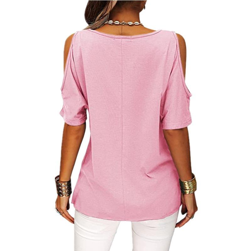 Women Casual Solid Cold Shoulder Loose Short Sleeve T Shirt