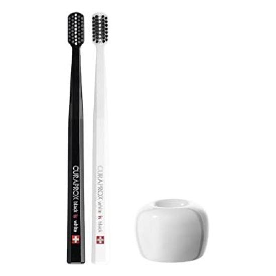 CURAPROX Black is White Toothbrush Set white and White Toothbrush Stand (2 brushes black) +