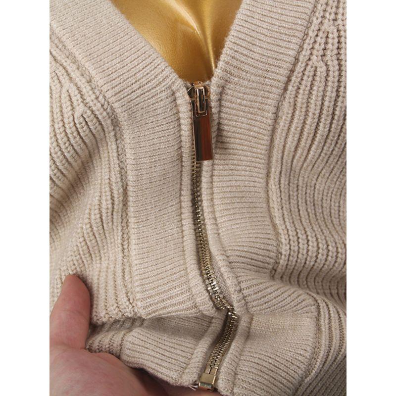 Stylish Metal Zipper V-neck Knitted Cardigan Outwear Women's High Waist Short Batwing Sleeve Outer Wear Slim Looking Tops Autumn