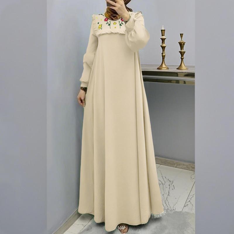 ZANZEA Women Casual Round Neck Loose Long Sleeve Floral Embroidery Dress