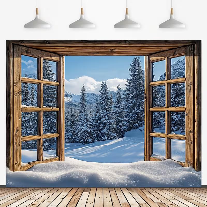 2D Rustic Window Snowy Forest Backdrop Winter Landscape Portrait Photography Background