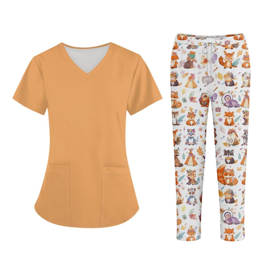 Plus SizePrinted Scrub Working Uniform Tops For Women's Cross V-Neck Halloween Print Short Sleeve Fun T-Shirts Workwear Tee With Pockets