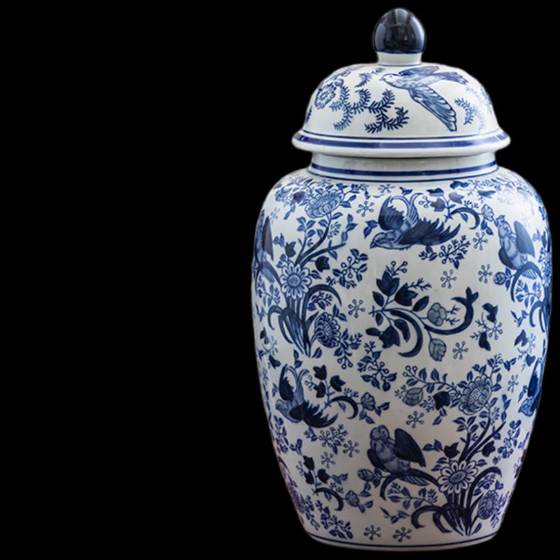 Hand-Painted Blue & White Porcelain General Jar Vase