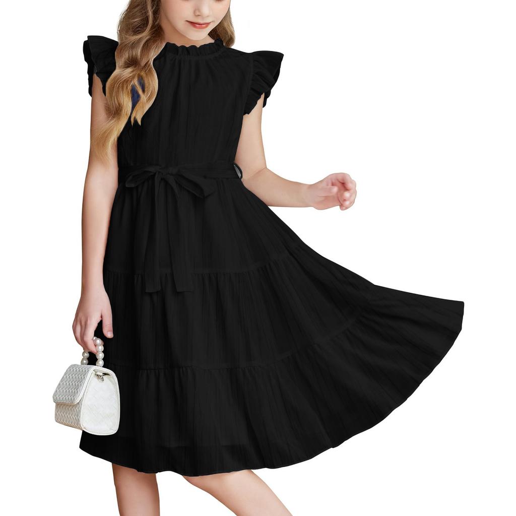 Платье для девочек, однотонное, с круглым вырезом, завязывающимся на талии, с оборкой по подолу