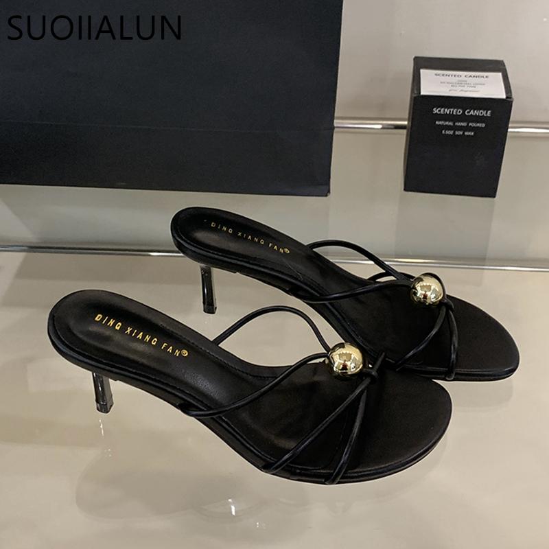 Fashion SUOJIAUN New Brand Women Slipper Fashion Narrow Band Ladies Elegant Sandal Shoes Thin High Heel Outdoor Dress Slides Pumps Shoes