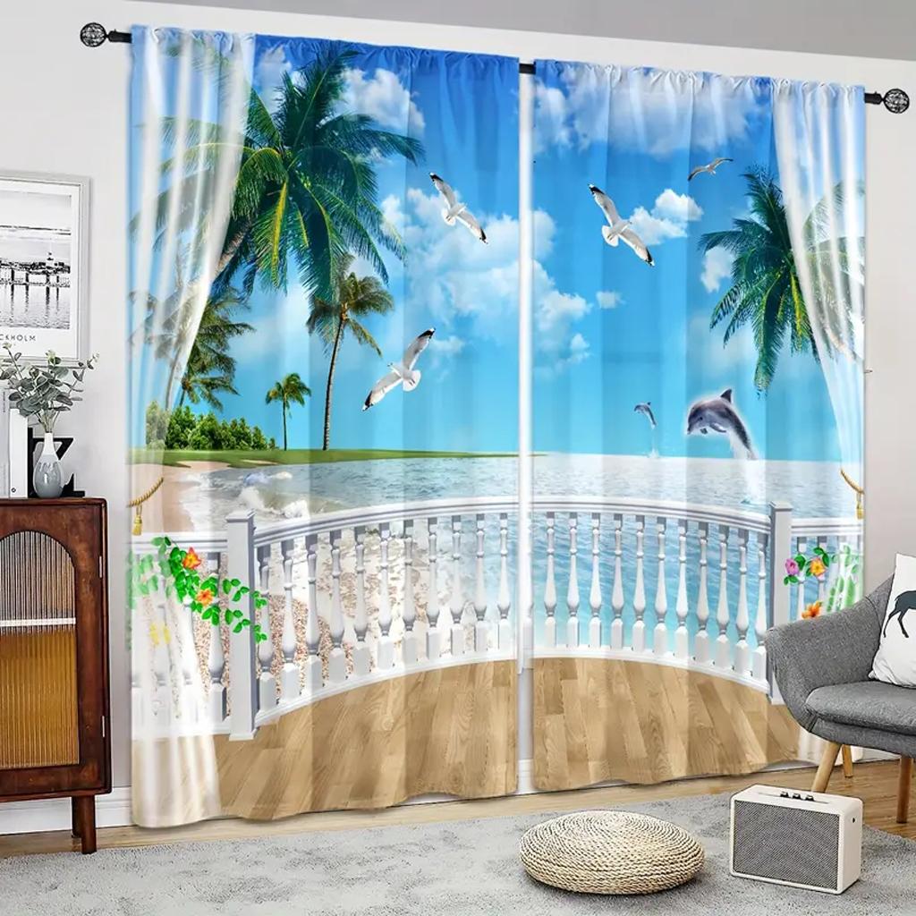 2pcs 3D Balcony Beach Landscape Curtain Window Treatment For Bedroom Living Room Kitchen Study Room Home Decor Free Shipping