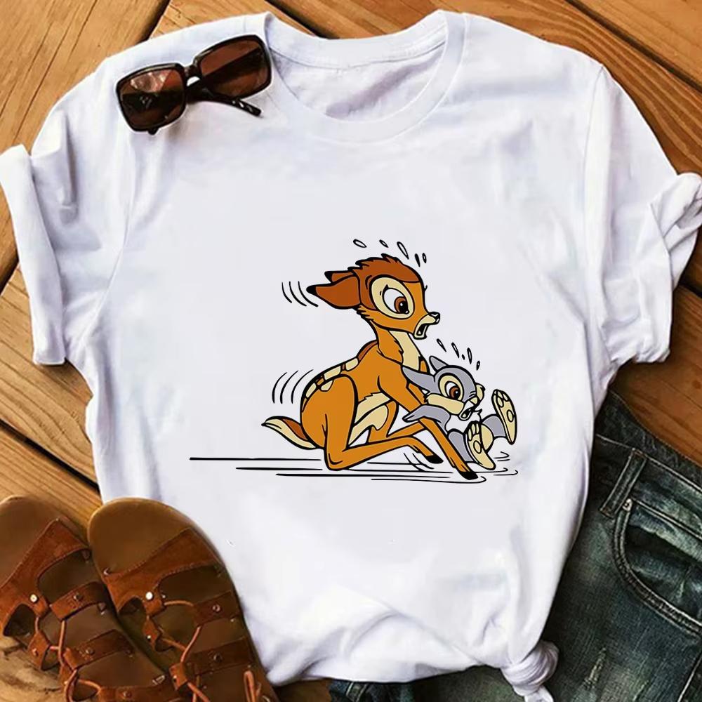 Cartoon Cute Bambi Printed T Shirt Fashion Women Casual Short Sleeves Streetwear Tshirt Summer Harajuku Tshirts Tops