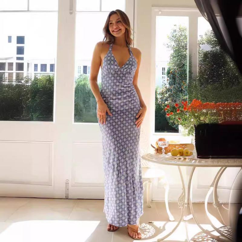 Женское платье весна/лето с V-образным вырезом и высокой талией, сексуальное с принтом, халтер, длинное платье