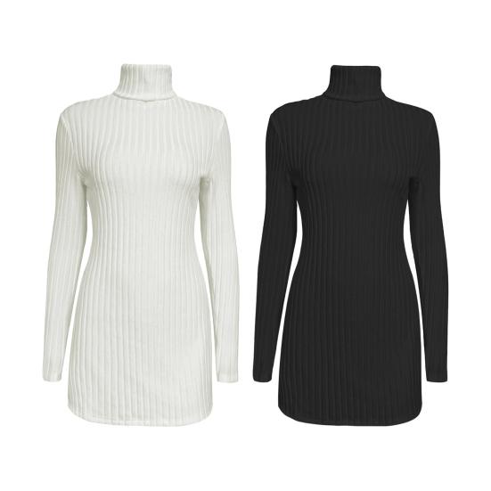 Women Knitting Tops High Collar Long Sleeve Slim Fit Sweater Tops Mid-length Side Split Design Solid Color Ribbed Tops