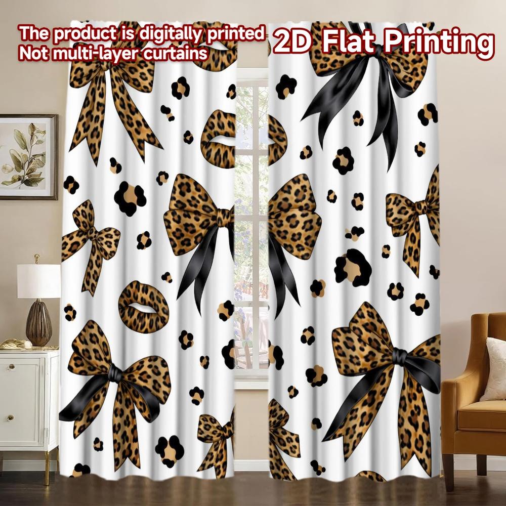 2D FLAT PRINTING 2pcs Curtains (Without Rod) Leopard Print Bows Popular Light Filtering Curtains Durable Polyester Curtains