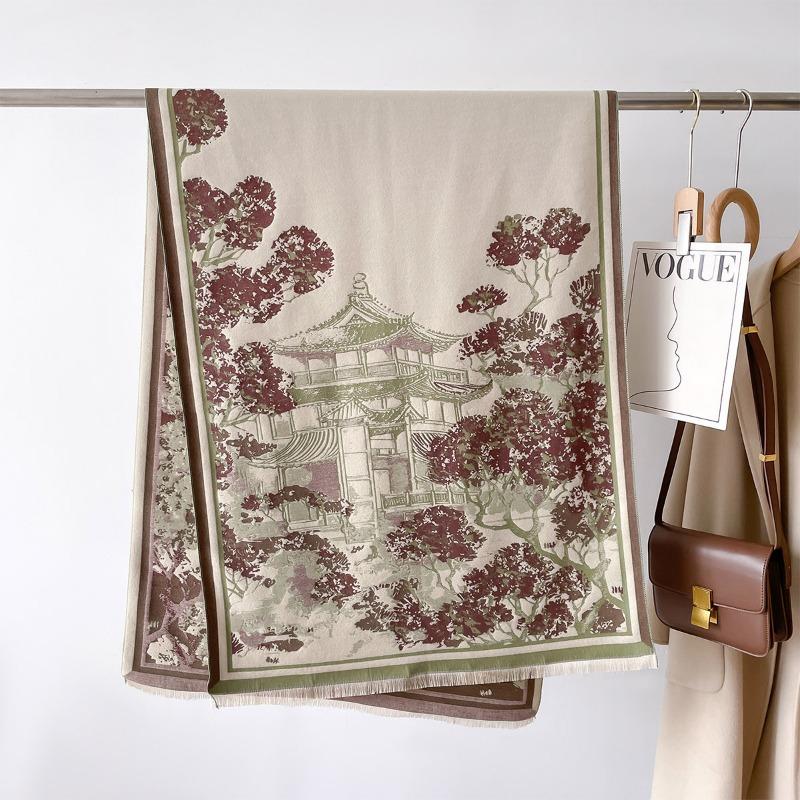 2024 Новый осенне-зимний шарф с утолщенным искусственным кашемиром, двухсторонний, противохолодный и ветрозащитный теплый шарф с принтом для женщин