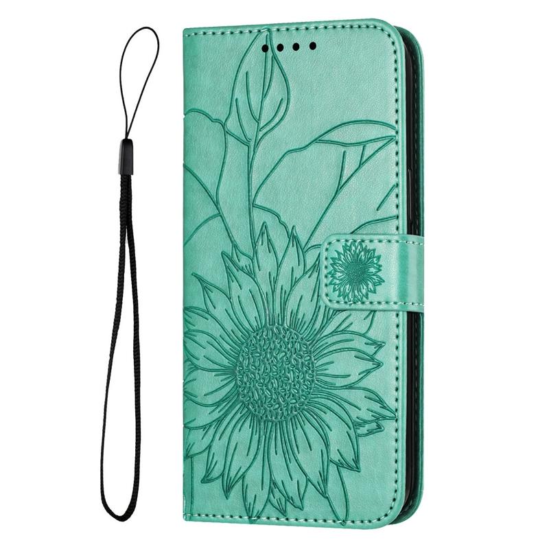 Embossed Sunflower PU Leather Card Holder Flip Cover for Samsung Xiaomi Redmi Huawei Honor Magnetic Hand-strap Wallet Case with Kickstand