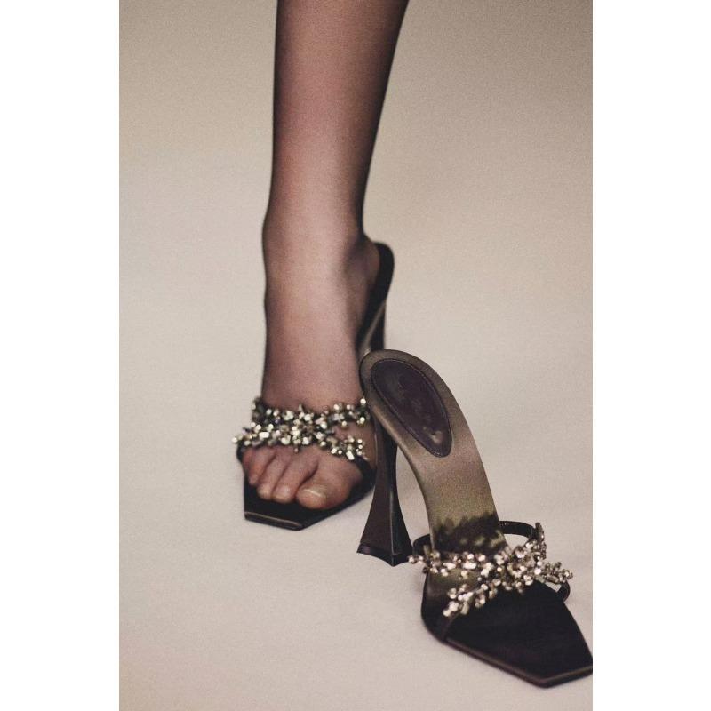 Новые летние женские босоножки на высоком каблуке с крестообразным ремешком и стразами, квадратные босоножки с открытым носком, шелковые сексуальные туфли-шпильки на высоком каблуке-мюли