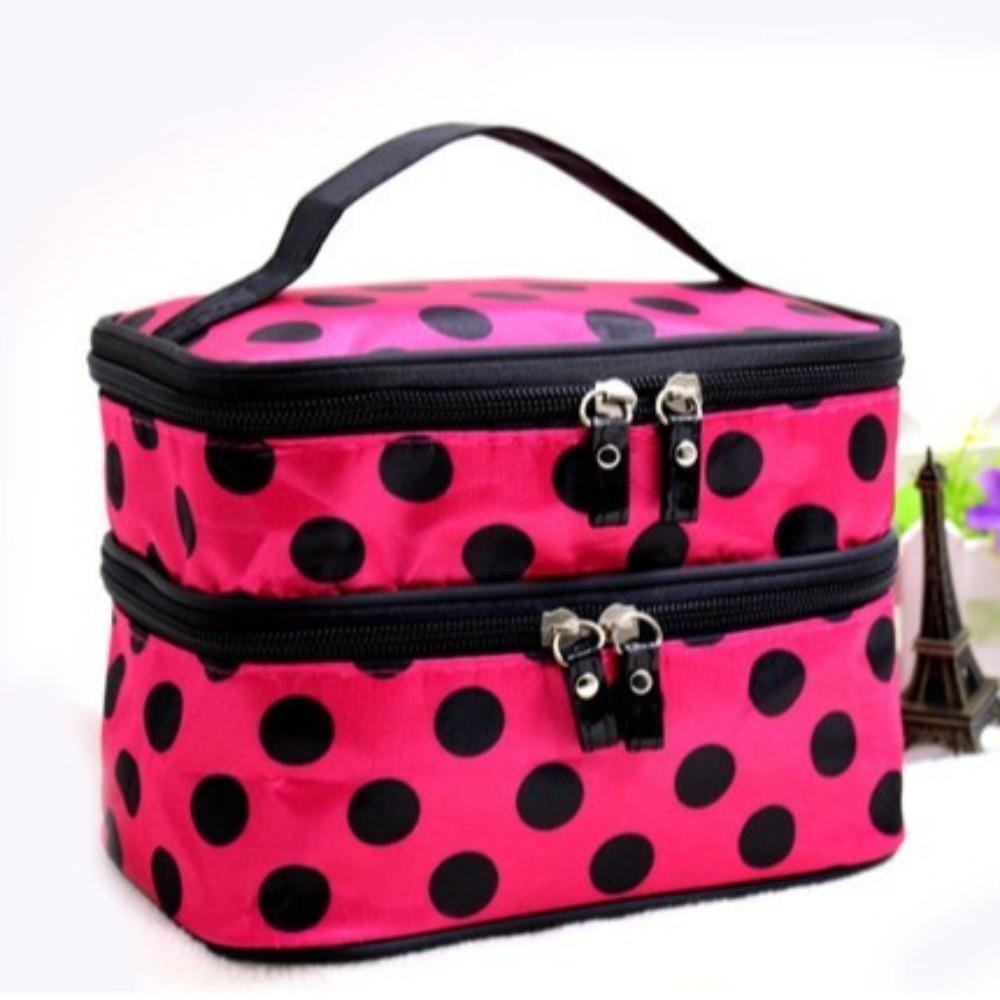 New Double-layer Makeup Bag Polka Dots Portable Travel Makeup Case Large Capacity Travel Toiletries Organizer