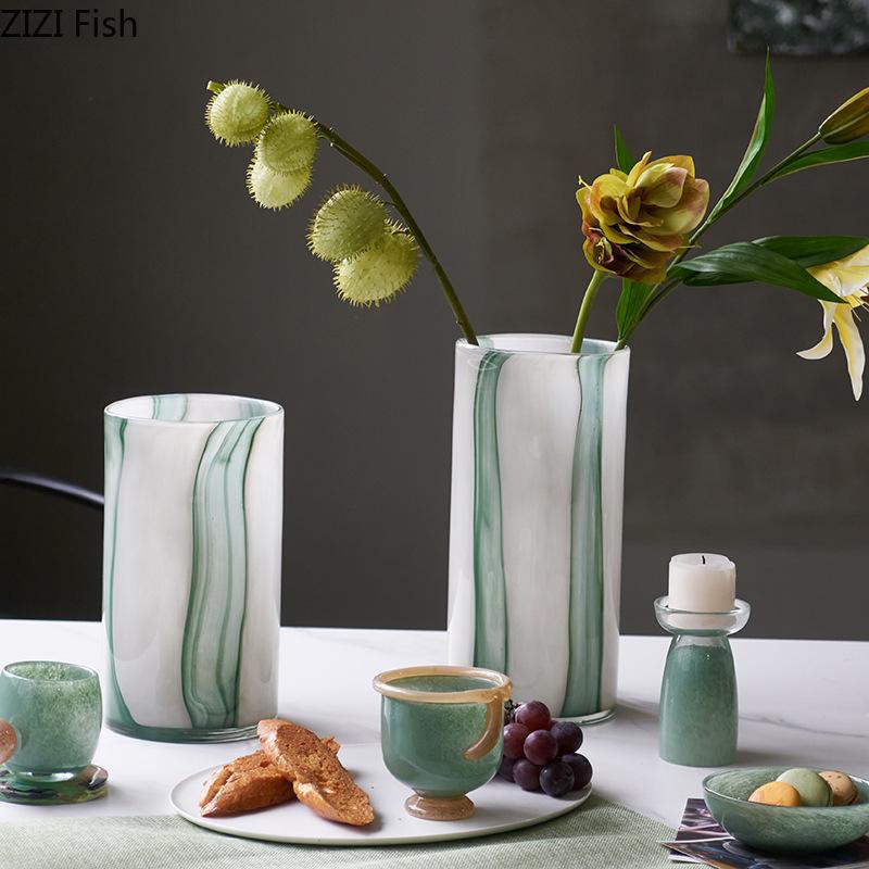 Зеленая градиентная расписная стеклянная ваза, гидропонный горшок для растений, украшение стола, цветочная композиция, цветочные вазы, эстетический декор комнаты