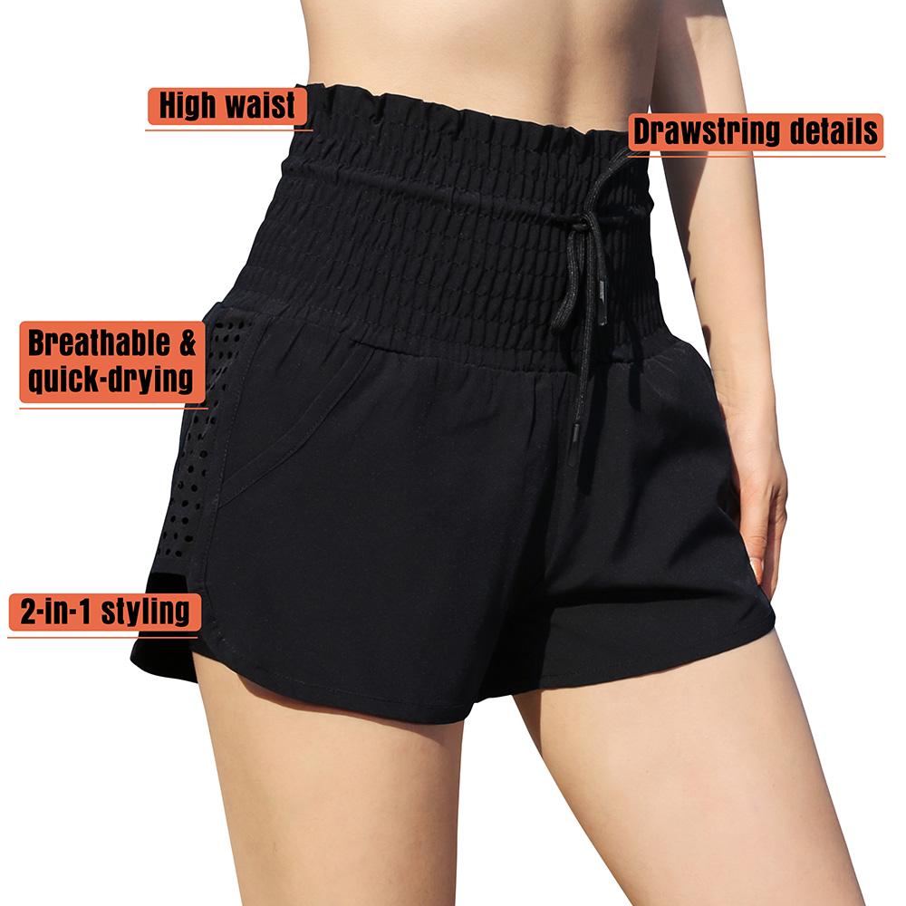Women 2-in-1 Sports Shorts Qucik-Dry Breathable High Waist Drawstring Running Gym Yoga Shorts