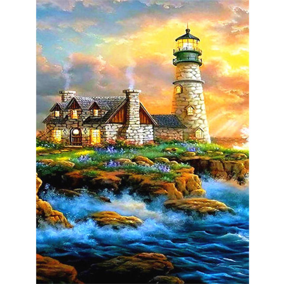 5D DIY Diamond Painting Landscape Rhinestone Cross Stitch Kit Diamond Embroidery Coastal Lighthouse Mosaic Picture Decoration