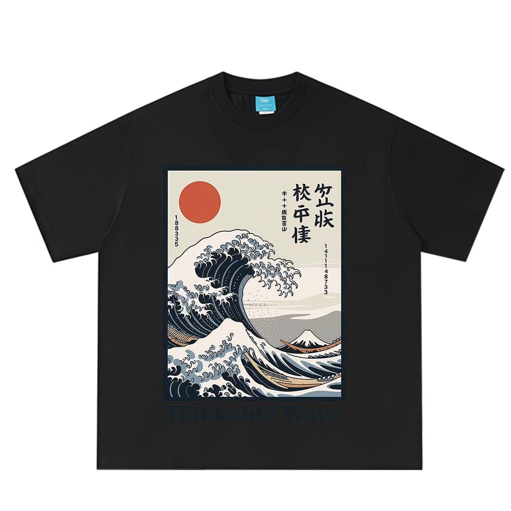 Japanese Style Hokkaido Wave Print T Shirt Unisex Unisex Vintage Tshirt Summer Shortsleeved Loose Casual Cotton Oversized Tshirts