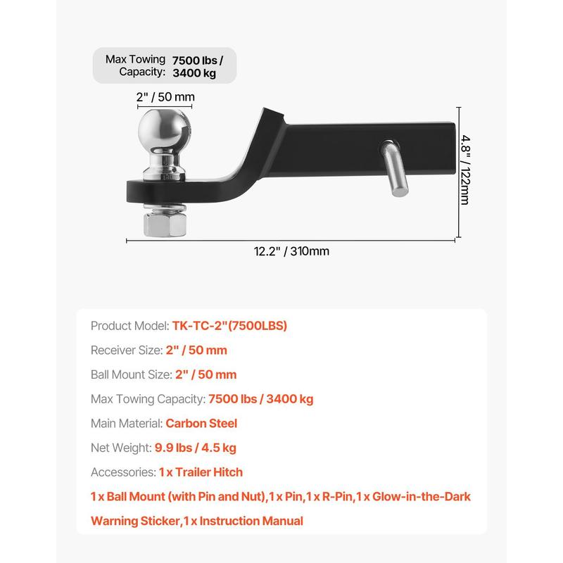 Trailer Hitch, Fits 2 Inches Receiver, Trailer Hitch Ball Mount with 2 Inches Ball and Pin, 7500 lbs Capacity Ball Hitch, 2 Inches Drop, Tow Hitch
