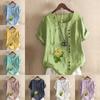 Women's Fashion Round Neck Short Sleeve T-shirt Casual Cotton Linen Graphic Shirt Rose Prined Summer Blouse Tops Plus Size