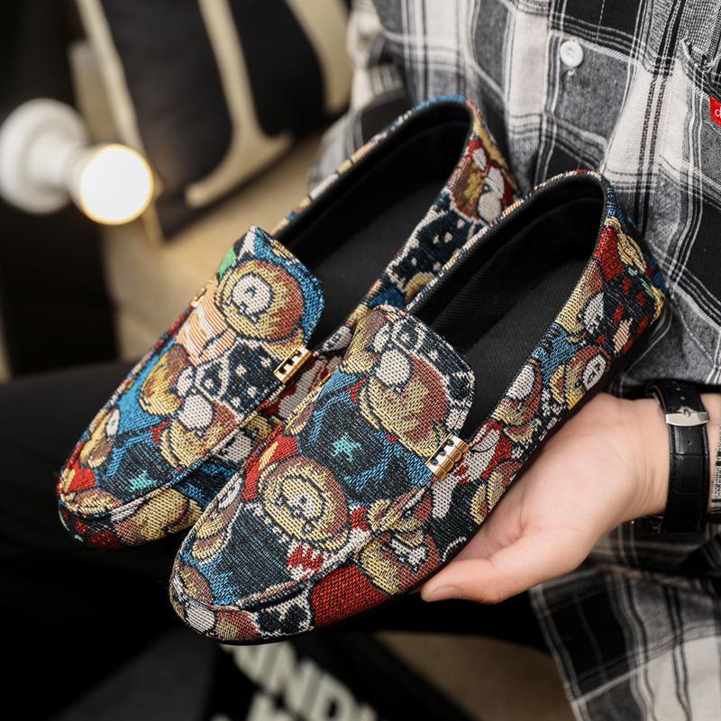 Модная мужская обувь, дышащая парусиновая мужская повседневная обувь, модная весенняя нескользящая обувь для вождения, плоские мокасины с рисунком медведя из мультфильма