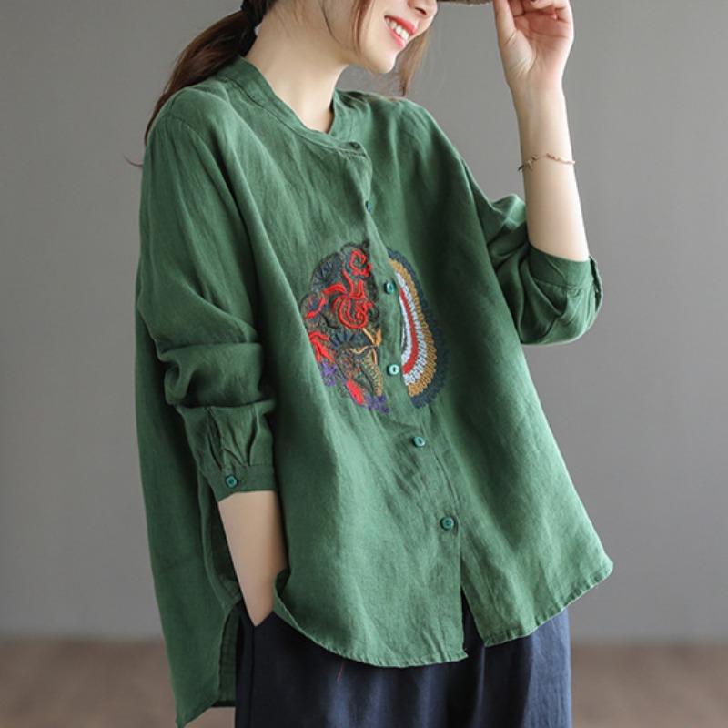 Весенняя рубашка свободного покроя с длинными рукавами в этническом стиле из хлопка и льна с вышивкой для женщин