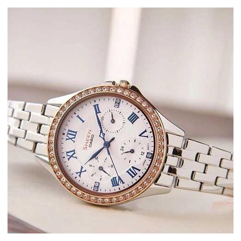 Casio Серия CASIOSHEEN, простая, модная и повседневная, кварцевый механизм, ремешок из нержавеющей стали, японские и корейские часы, женские SHE-3062PG-7A